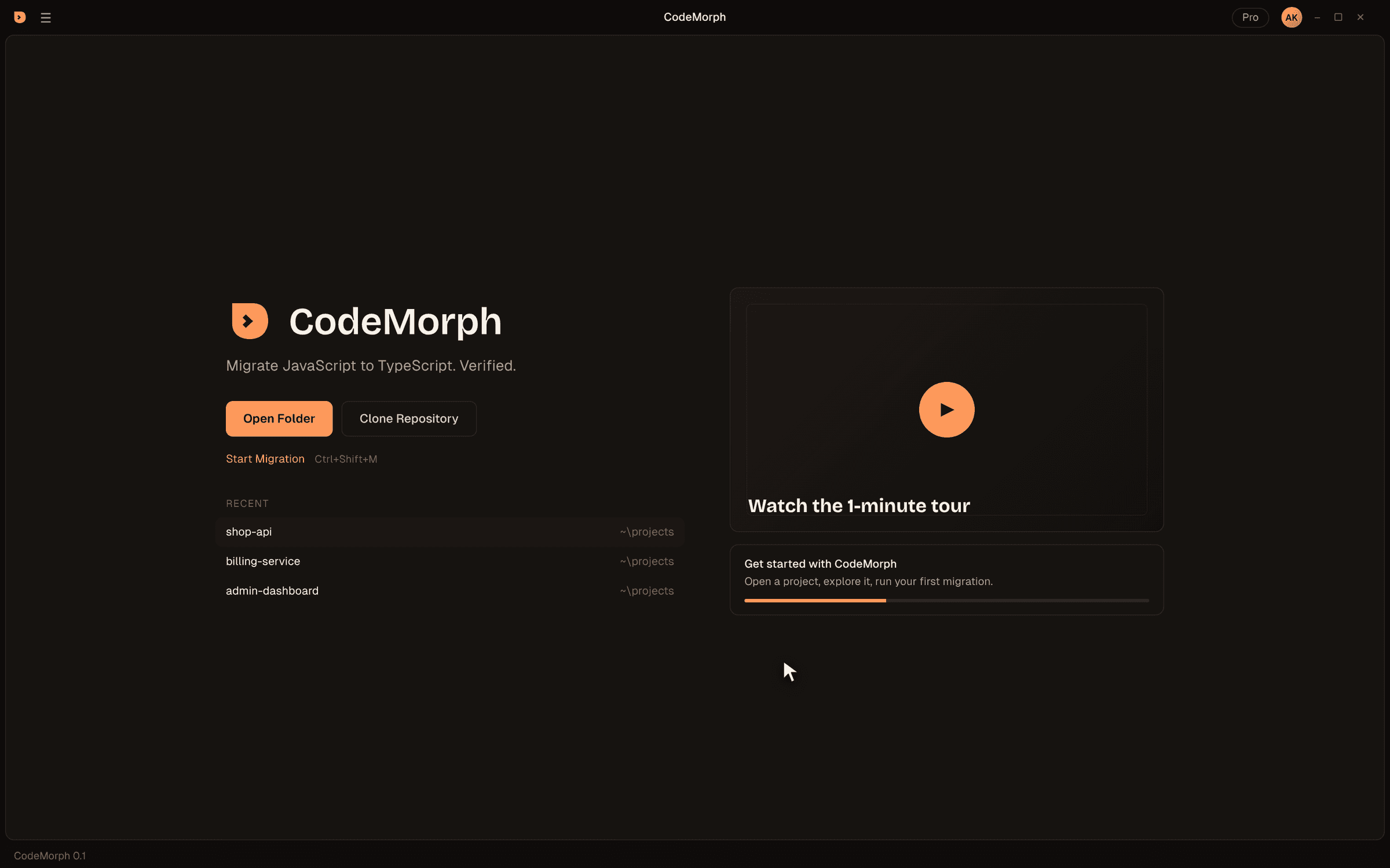 The CodeMorph welcome page with Open Folder, Start Migration and recent projects